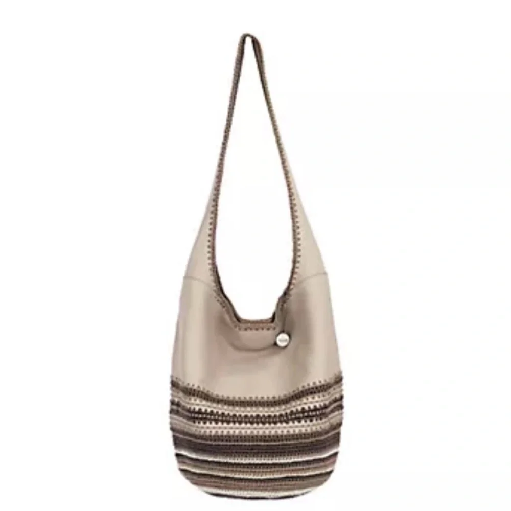 The Sak 120 Medium Leather Tan and Cream Crochet Hobo Bag